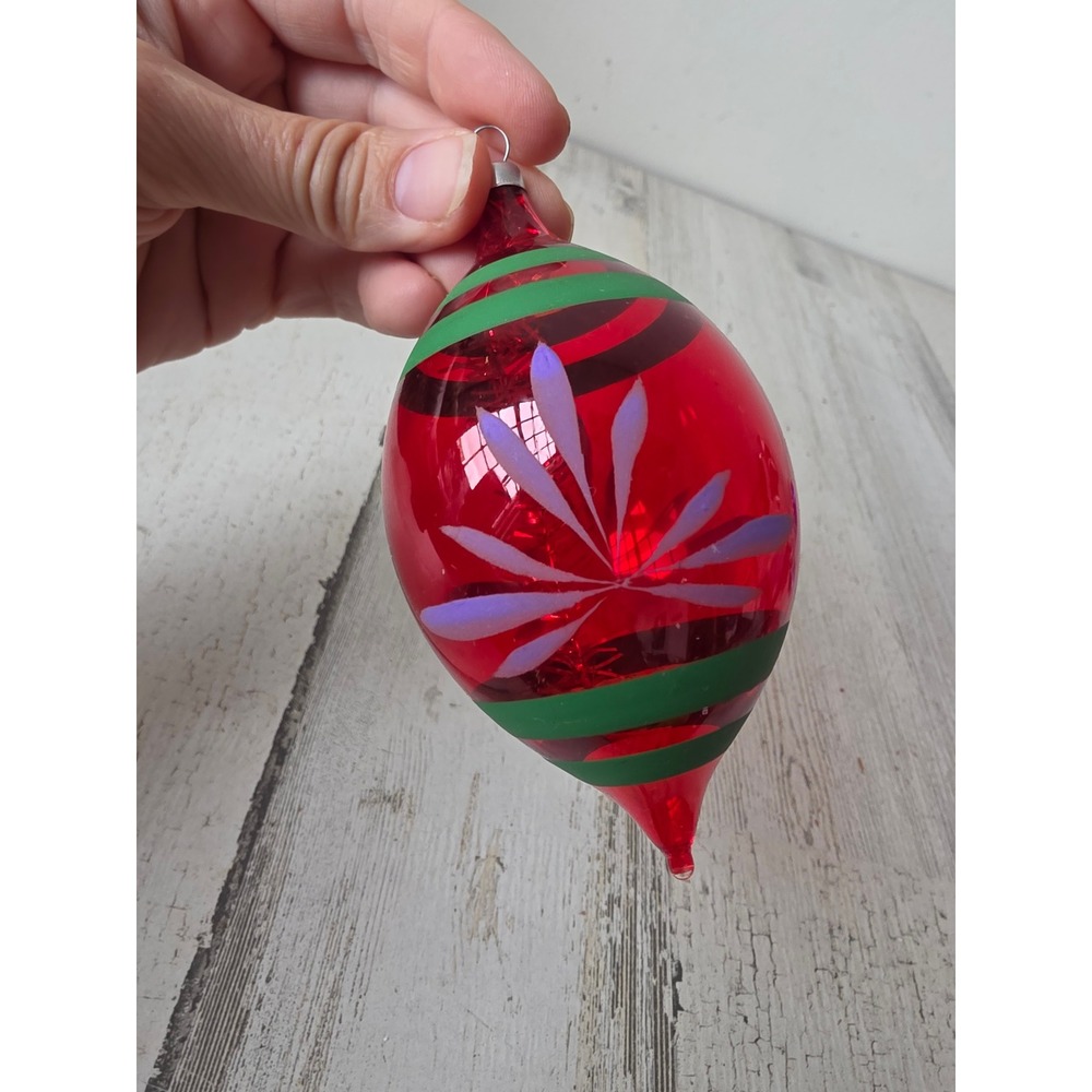 Vintage red teardrop tinsel striped ornament Xmas tree